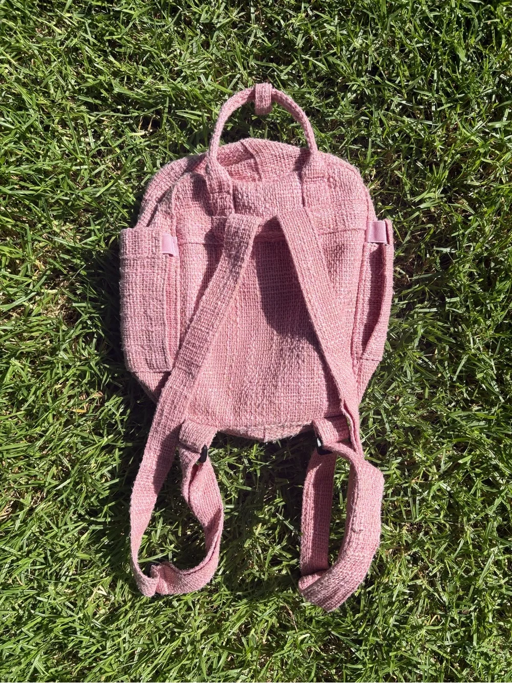 Pink Knit Mini Backpack with Top Handles and Adjustable Straps